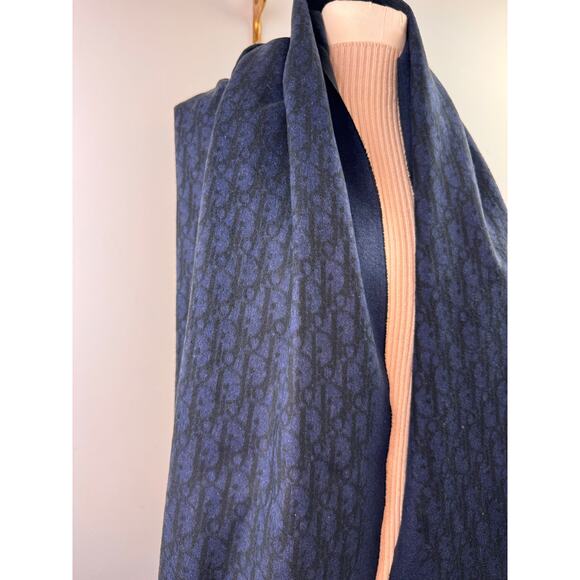 DIOR Oblique Navy Black Double-Sided Scarf Cashmere Fringed Edges Around Neck - Picture 4 of 8